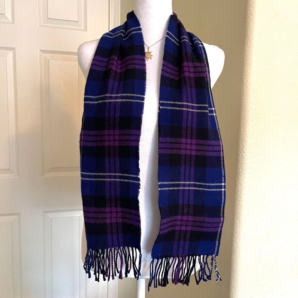 Highland Purple plaid lamb's wool scarf with fringe
